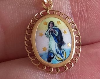 ポルトガル製 ソリッドゴールド 宗教ペンダント 19 kt イエローゴールド 800 ジュエリー 聖母受胎のメダリオン 大切な人へのお守りギフト Oro