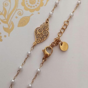 Goldplated Stainless Steel Bracelet with Filigree Style Heart of Viana and Faux White Pearls Handmade Bracelet Acier Doré Chapelet Jewellery