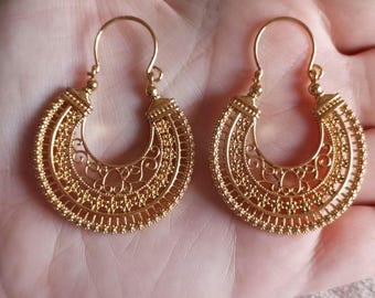 Brincos Portugueses em Ouro 24 Quilates Arrecadas Aço Inoxidável Filigrana Brincos de Argola Jóias Tradicionais Regionais Douradas Minhotas