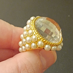 Bague cocktail en or, quartz blanc, perles d'eau douce, bijoux de créateur uniques, bague robuste en argent, cristal sterling, vraie perle, or, bijoux en vermeil