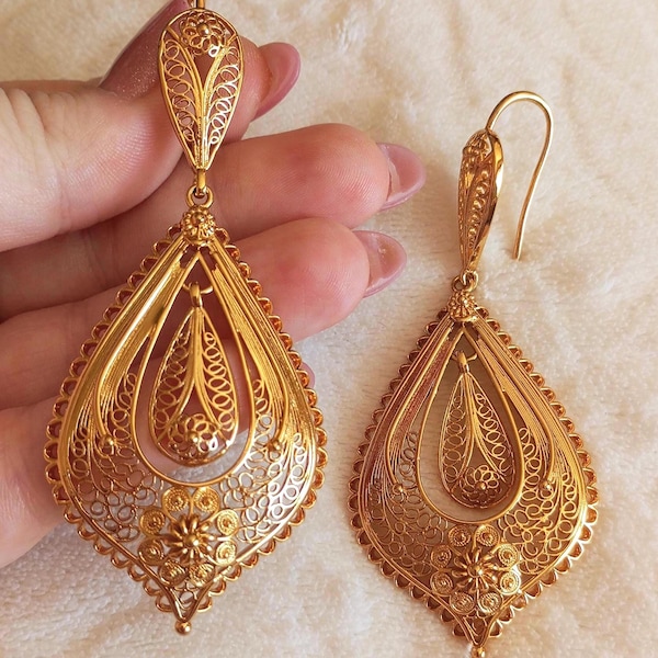 24KT Goldfilled portugiesischer Teardrop Ohrring-filigraner Schmuck handgemachter königlicher Hof-Stil Schmuck Filagree Traditionelles Gold Geschenk Luxusgeschenk