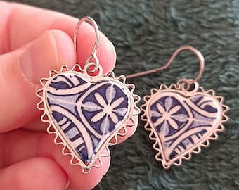 Sterling Silver Heart Earrings with Traditional Portuguese Tile with Floral Design in White and Blue Gift for Her Handmade Original Earrings