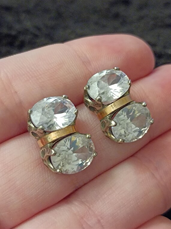 Vintage Silver and Gold Earrings with Big Zirconi… - image 2