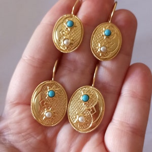 Goldplated Silver Earrings Oval Pearl Turquoise Hook Earrings Vermeil Traditional Moon Star Portuguese Filigree Regional Gift Woman Jewels