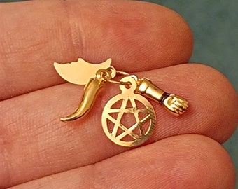 Solid Gold Pendant Yellow 19 Carat Gold Saint Saimon Pendant with 4 Charms Five Pointed Star, Moon, Fig, Horn, Gold Jewellery Christmas Gift