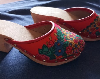 Tamancos de folclore português, madeira vermelha, xale tradicional minhoto, sapato de dança regional feito à mão, 34 sabot feminino, couro vermelho, Viana, com bolsa grátis