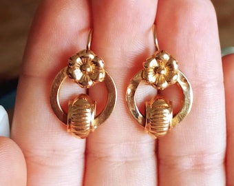 Antique Solid Gold Portuguese Earrings Sleeper 19.2K Handmade Round Flower Earrings Rural Region Minho 800 Yellow Gold Jewels Portugal Gift