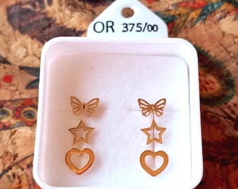 Pendientes de oro de 9 quilates con forma de mariposa, estrella y corazón. Pendientes minimalistas. Joyería delicada de oro. Regalo ideal.