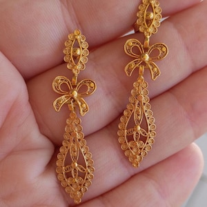 Gold Vermeil Filigree Earring Princess Long Stud Gold Earring Portugal Jewels Handmade Filigree Earring Traditional Portuguese Jewelry Gift