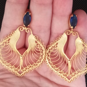 Maxi Brincos Filigrana Portuguesa Feitos à Mão Filigrana Minho Arrecadas Brinco Banhado a Ouro 18kt em Prata 925 com Pedra Azul Safira