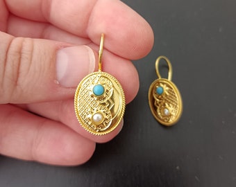 Goldplated Silver Earrings Oval Pearl Turquoise Hook Earrings Vermeil Traditional Moon Star Portuguese Filigree Regional Gift Woman Jewels