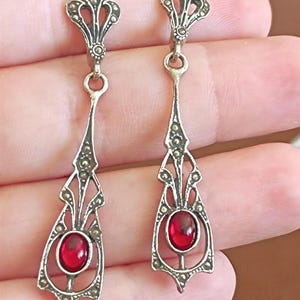 Victorian Dangling 925 Sterling Silver Earrings Vintage Style Portuguese Filigree Handmade Earring Red Stone Jewellery Gift for Her image 1