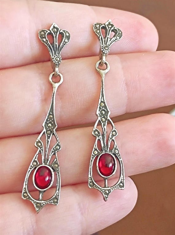 Victorian Dangling 925 Sterling Silver Earrings Vintage Style Portuguese Filigree Handmade Earring Red Stone Jewellery Gift for Her