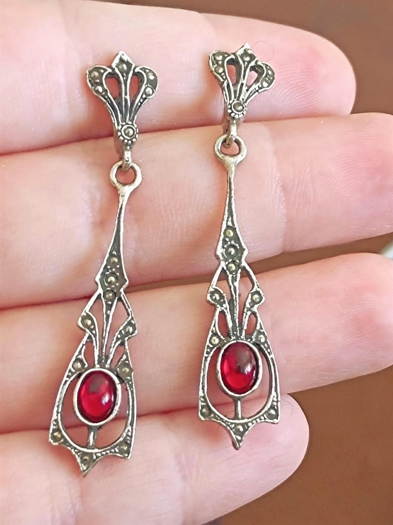 Victorian Dangling 925 Sterling Silver Earrings Vintage Style Portuguese Filigree Handmade Earring Red Stone Jewellery Gift for Her image 1
