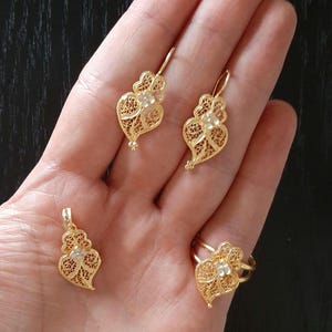 Heart of Viana Jewellery Set Portuguese Filigree Gold Vermeil Gift Tradicional Heart Earrings Filigree Pendant Silver Heart Ring Adjustable