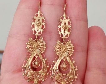 Orecchini tradizionali portoghesi in filigrana con principessa in oro e argento sterling, taglia media