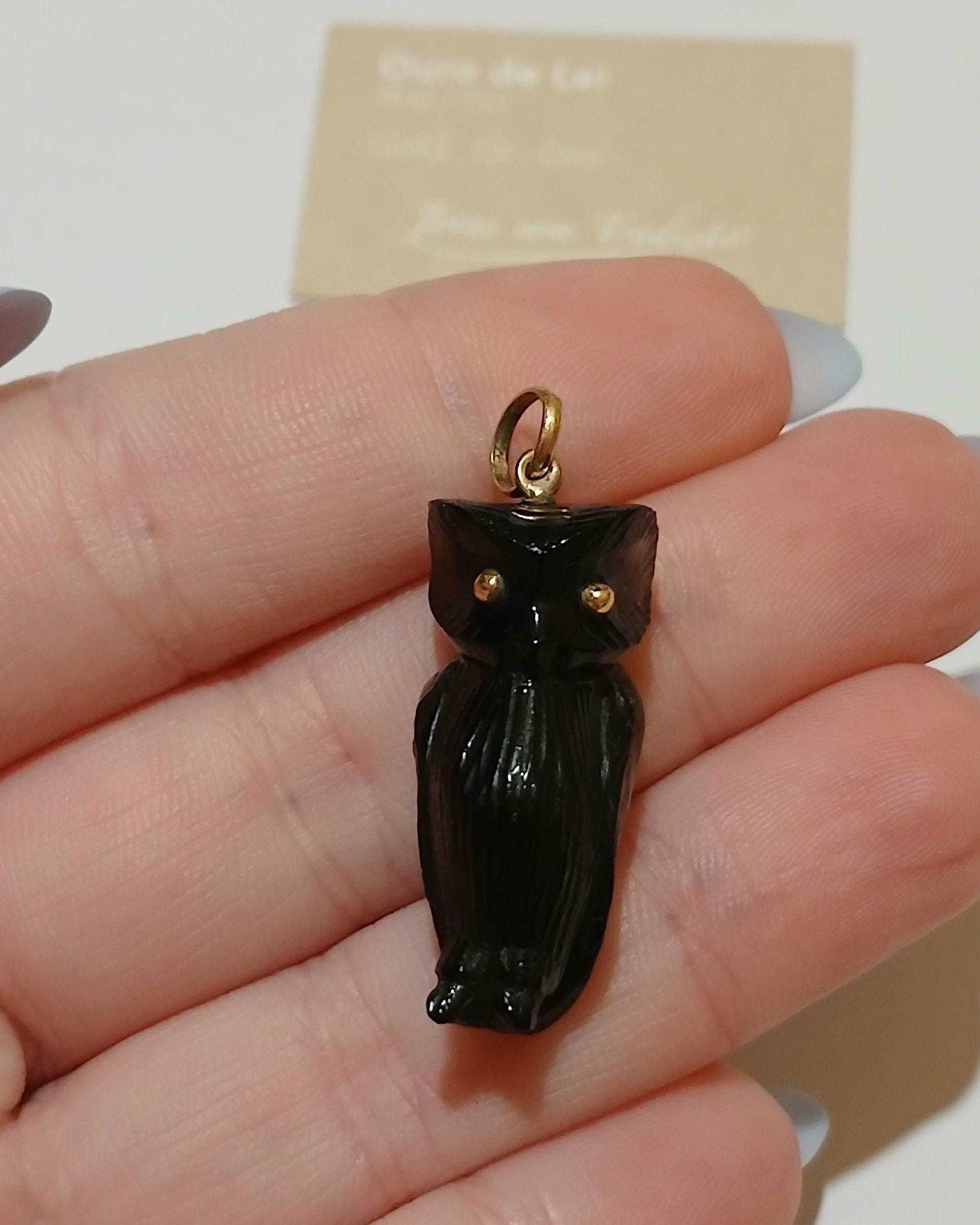 Solid Gold Owl Pendant Jet 18K Yellow Gold Protection Charm 750 Jewelry Gift Good Fortune and Prospe