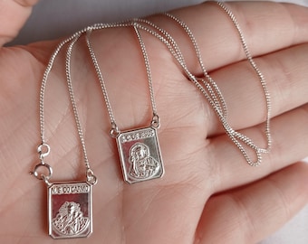 Silver Scapular Necklace rectangular medals Holy Mary and Jesus Christ Curb Chain Religious Scapular 925 Necklace Gift Unisex Sacre Coeur