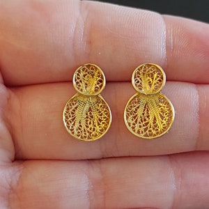 Filigrana Goldfilled Brincos dubbar Ouro Vermeil Prata Esterlina Jóias Artesanais Vintage 925 Jóias Dupla Disque Portugal Filagran Presente