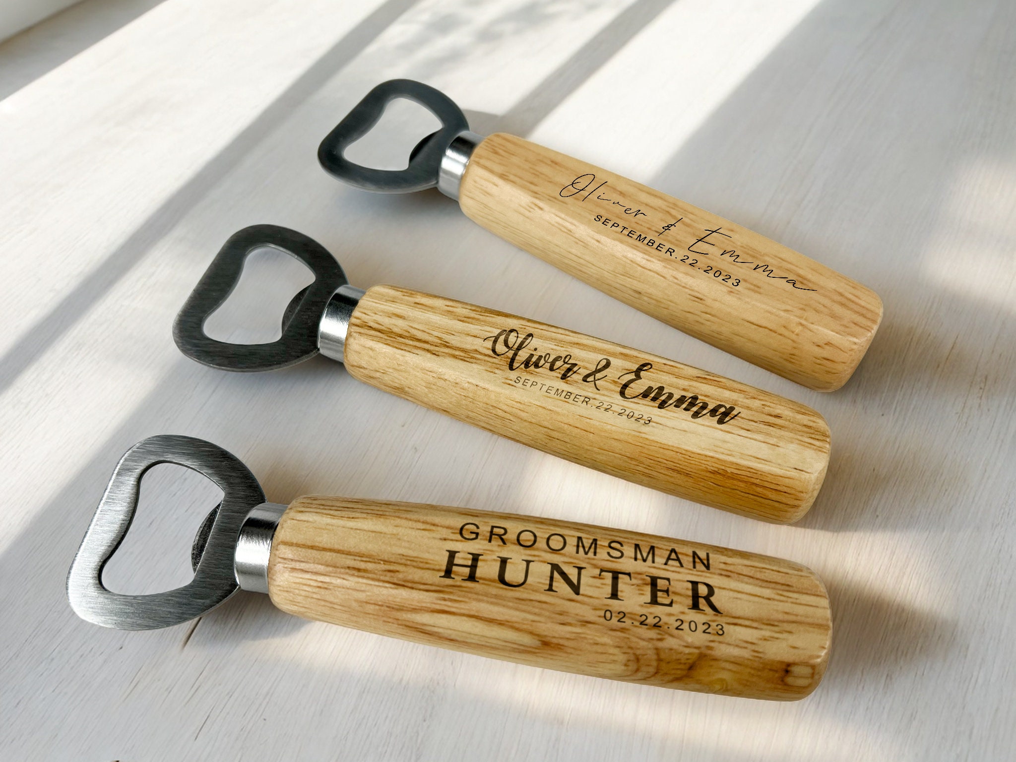 Personalized Wedding Favor Set of 5 Wooden Bottle Openers