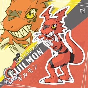 Peut inclure: Un personnage de dessin animé rouge et orange avec des dents et des griffes acérées. Le personnage se tient sur un fond jaune et noir avec le texte "Guilmon" en japonais et en anglais. Le personnage est un monstre numérique de la franchise Digimon.