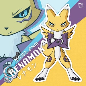 Peut inclure: Un renard de dessin animé jaune et blanc avec des accents violets et un symbole yin yang violet et blanc sur sa poitrine. Le renard est debout, les bras croisés, et a une expression sérieuse. L'arrière-plan est jaune et violet avec le texte "MAHA SHOU" et "RENMON" en japonais.