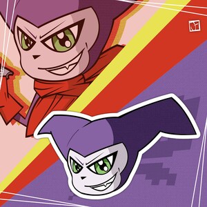 Peut inclure: Un personnage de dessin animé violet avec un sourire malicieux et de grands yeux verts. Le personnage a une tête pointue et de grandes oreilles. Le personnage est présenté dans deux poses, l'une avec une écharpe rouge et l'autre avec un design plus simple.