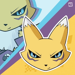 Peut inclure: Un personnage jaune ressemblant à un renard avec des yeux bleus et des marques violettes. Le personnage a une expression sérieuse et regarde directement le spectateur.