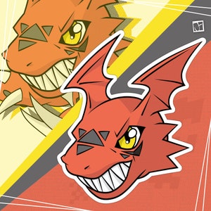 Peut inclure: Une tête de dragon de dessin animé rouge et orange avec des dents acérées et des yeux jaunes. Le dragon a de grandes oreilles pointues et un contour blanc.