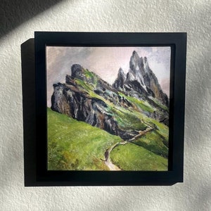 Italy hiker painting, handmade, Dolomites alps, wilderness print, nature, hiking, wall art