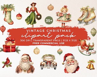 Vintage Christmas Clipart Pack | Watercolor Christmas Clipart Bundle | Christmas PNG | Holiday Clipart | Christmas Clipart Commercial Use