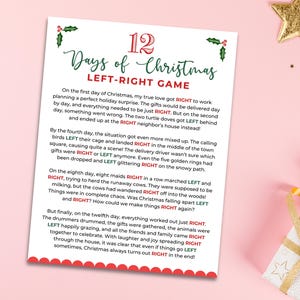 Può includere: Una carta di gioco di Natale stampabile con sfondo bianco e accenti rossi, verdi e dorati. La carta presenta il testo "12 Days of Christmas LEFT-RIGHT GAME" e una divertente storia di Natale con le parole "RIGHT" e "LEFT" evidenziate in rosso e verde.
