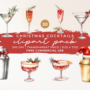 Weihnachts-Cocktails Clipart-Pack | Aquarell Weihnachts Clipart | Weihnachts-Cocktails PNG | Weihnachtsfeiertags-Getränke | Kommerzielle Nutzung möglich
