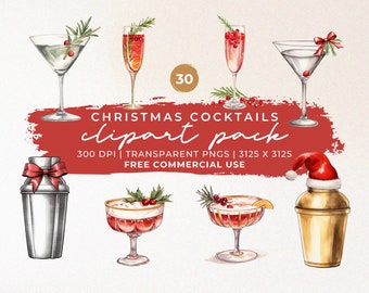 Watercolor Christmas Cocktails Clipart: Holiday Drinks PNG Pack (Commercial Use)