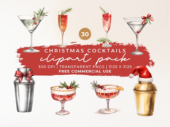 Watercolor Christmas Cocktails Clipart: Holiday Drinks PNG Pack (Commercial Use)