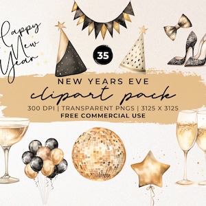 Watercolor New Years Eve Clipart Bundle: Gold & Black Party PNG (Commercial Use)