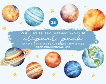 Watercolor Planets Clipart: Solar System PNG Bundle (Commercial Use)