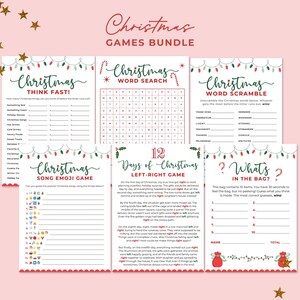 May include: A set of five printable Christmas game cards with a festive red and green color scheme. The games include "Think Fast", "Word Search", "Word Scramble", "Song Emoji Game", and "12 Days of Christmas Left-Right Game".