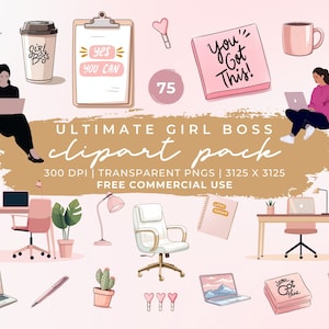 Girl Boss Clipart Pack / Uso comercial Home Office Clipart / Planner Girl Clipart / Planner Pegatinas digitales / Laptop Clipart + Office PNGs