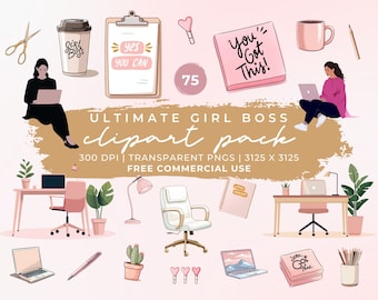 Pacote de clipart de Girl Boss: adesivos digitais de planejadora e gráficos PNG (uso comercial)