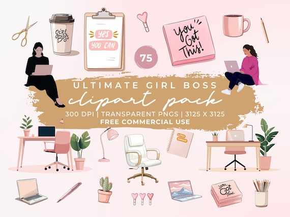 Girl Boss Clipart Pack: Planner Girl Digital Stickers & PNG Graphics (Commercial Use)
