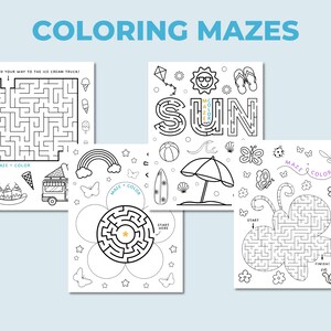 Puede incluir: Una colecci&oacute;n de laberintos para colorear con temas de verano. Los laberintos incluyen im&aacute;genes de helados, un arco&iacute;ris, un sol, una sombrilla de playa y una mariposa. El texto "COLORING MAZES" est&aacute; en la parte superior.