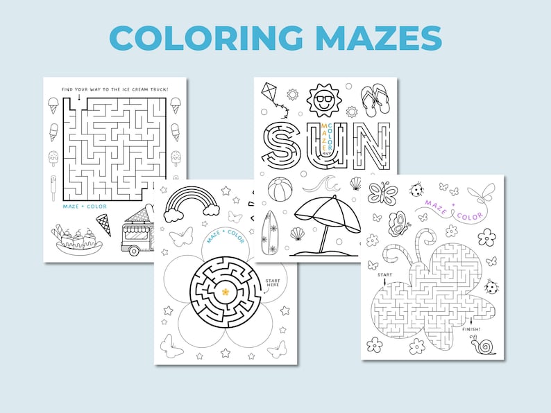 Puede incluir: Una colecci&oacute;n de laberintos para colorear con temas de verano. Los laberintos incluyen im&aacute;genes de helados, un arco&iacute;ris, un sol, una sombrilla de playa y una mariposa. El texto "COLORING MAZES" est&aacute; en la parte superior.