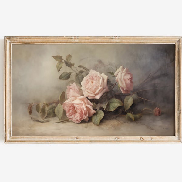 Muted Vintage Floral TV Art | Vintage Still Life Samsung Frame TV Art | Vintage Roses TV Art | French Country Tv Artwork | Antique Pink Rose