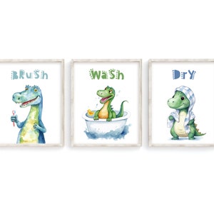 Dinosaur Kids Bathroom Wall Art Set | Dinosaur Art | Dinosaur Bathroom Print Set | Kids Bathroom Decor | T Rex Bathroom Art Set | Cute Dino