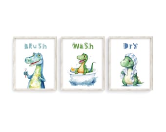Dinosaur Bathroom Art Prints: Watercolor Dino Decor Set (Digital Download)