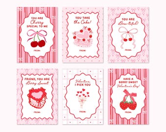 Printable Coquette Bow Valentine's Day Cards: Kids & Teen Girl Classroom or Galentine's Day Tags