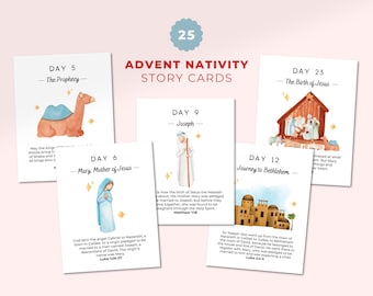印刷可能なキリスト降誕アドベントカレンダーカード：25日間の聖書のクリスマスアクティビティ（デジタルダウンロード）