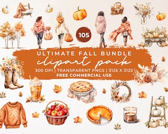 May include: A digital clipart pack featuring 105 watercolour illustrations of autumn-themed elements. The illustrations include pumpkins, leaves, acorns, a coffee cup, a pie, a candle, a wreath, and more. The clipart is perfect for creating autumn-themed designs for cards, invitations, scrapbook pages, and other crafts.