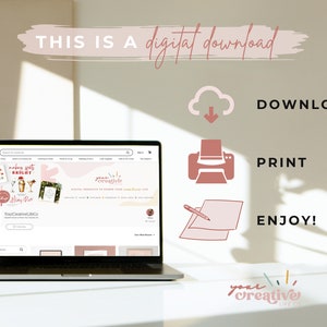 Puede incluir: Un port&aacute;til que muestra una tienda de Etsy, con el texto "THIS IS A digital download." Los iconos y el texto rosas indican la descarga, la impresi&oacute;n y el disfrute. El logotipo y la direcci&oacute;n del sitio web de la tienda son visibles.